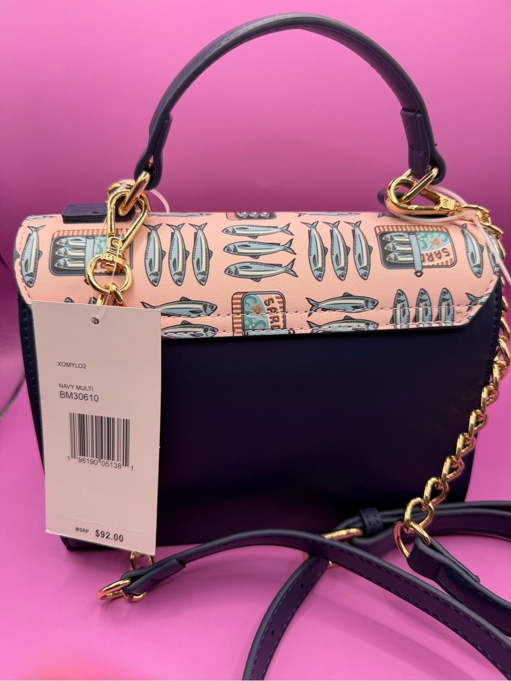 Betsey Johnson Navy and Pink Sardine Print Crossbody NWT - Picture 4 of 11